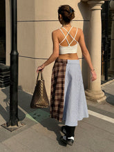 Coolane Women's Spring/Summer Vintage Y2k Striped Plaid Patchwork Fold-Over Waist Casual Knee-Length Skirt
